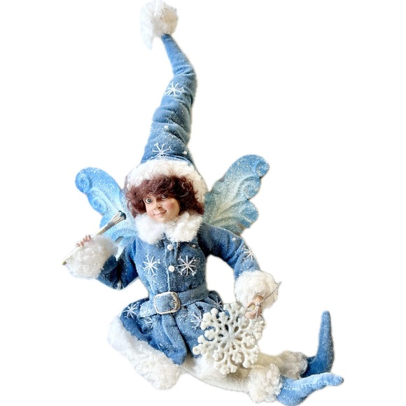 Vintage Whimsical Fairy Elf in Blue Suit holding Snowflake Ornament & Paintbrush